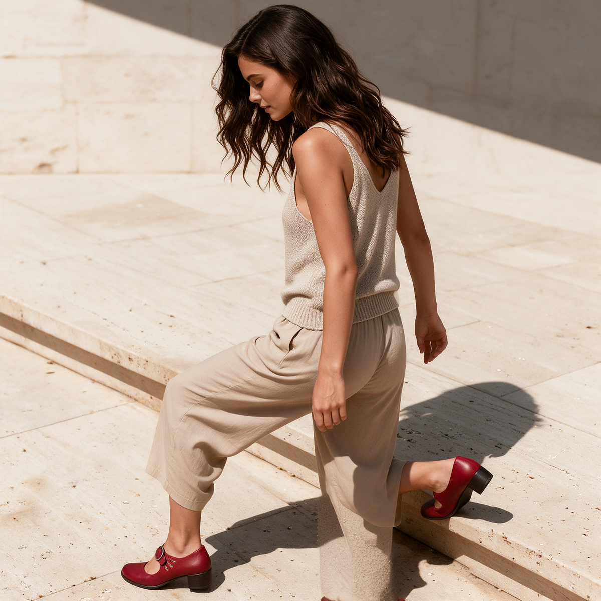 Red Mary Jane pumps with ankle strap worn with sand trousers stepping down travertine step
