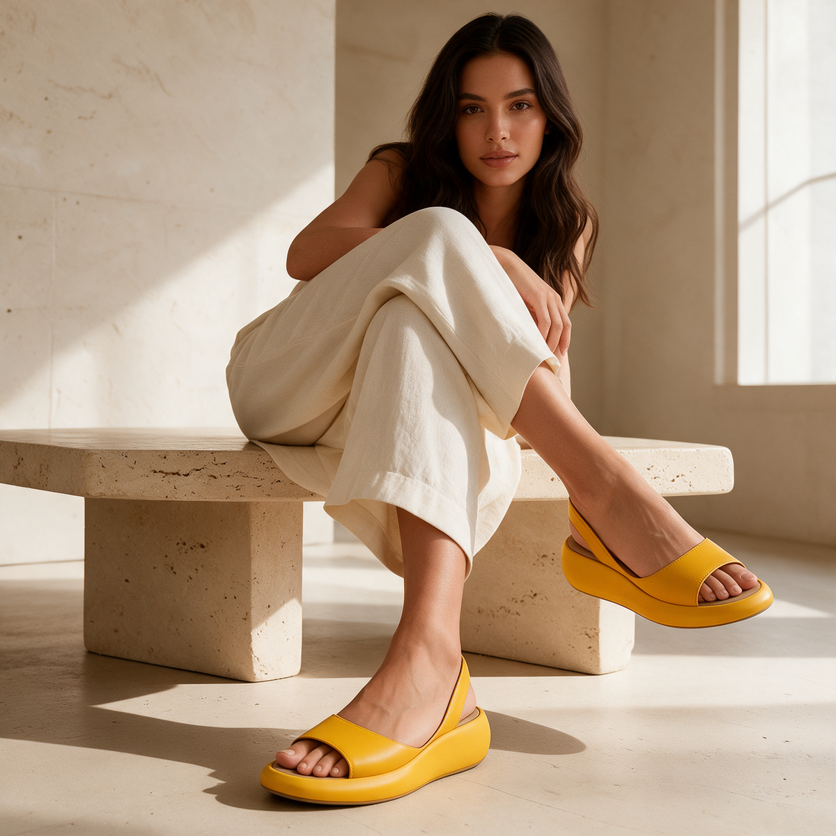 Yellow platform open toe slingback sandals worn with cream linen trousers on travertine bench