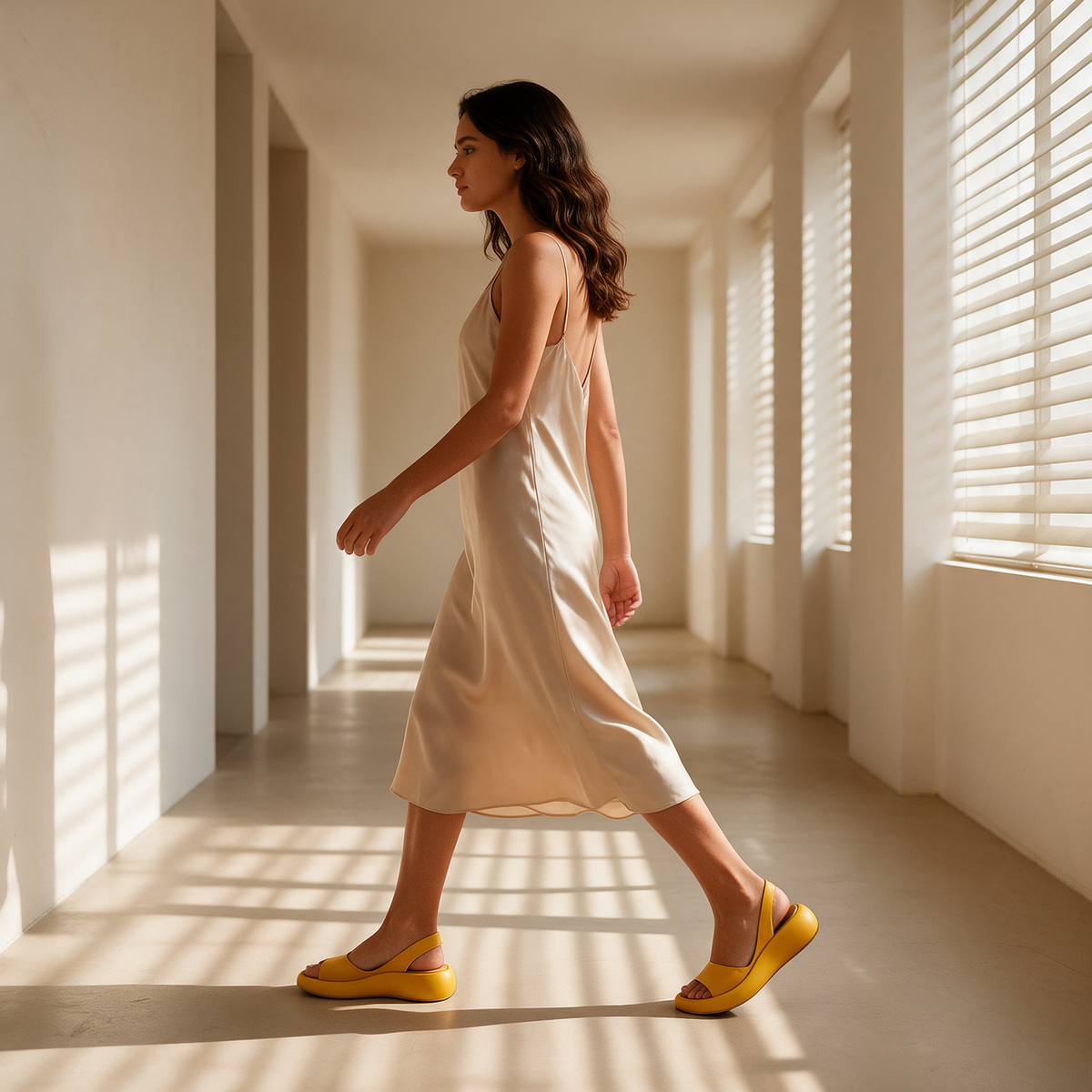 Yellow platform open toe slingback sandals worn with beige slip dress walking sunlit corridor