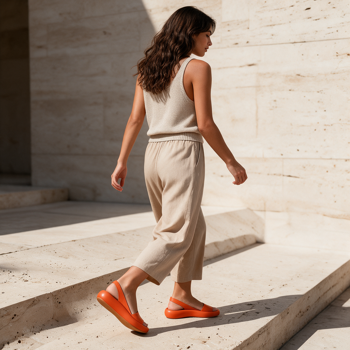 Orange platform open toe slingback sandals worn with sand trousers stepping down travertine step