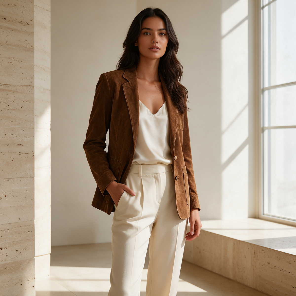 Brown suede button-down blazer worn open over ivory camisole and cream trousers in sunlit interior