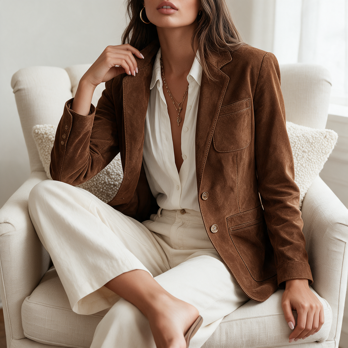 Brown suede button-down blazer lapel detail seated in cream linen armchair