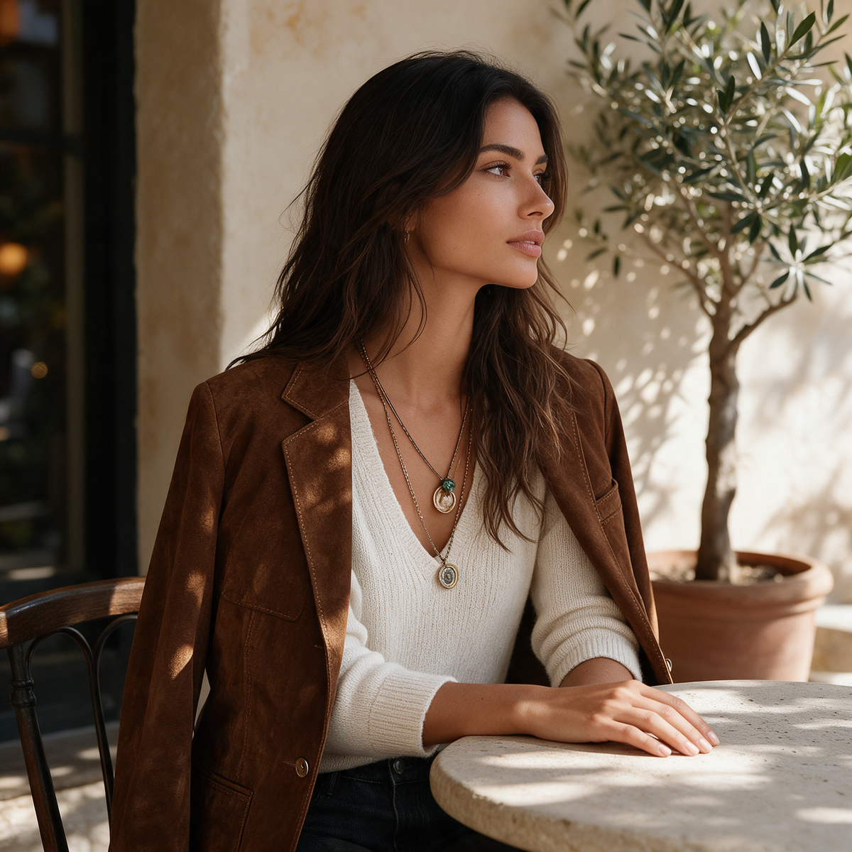 Brown suede button-down blazer draped over shoulders at sunlit stone cafe table