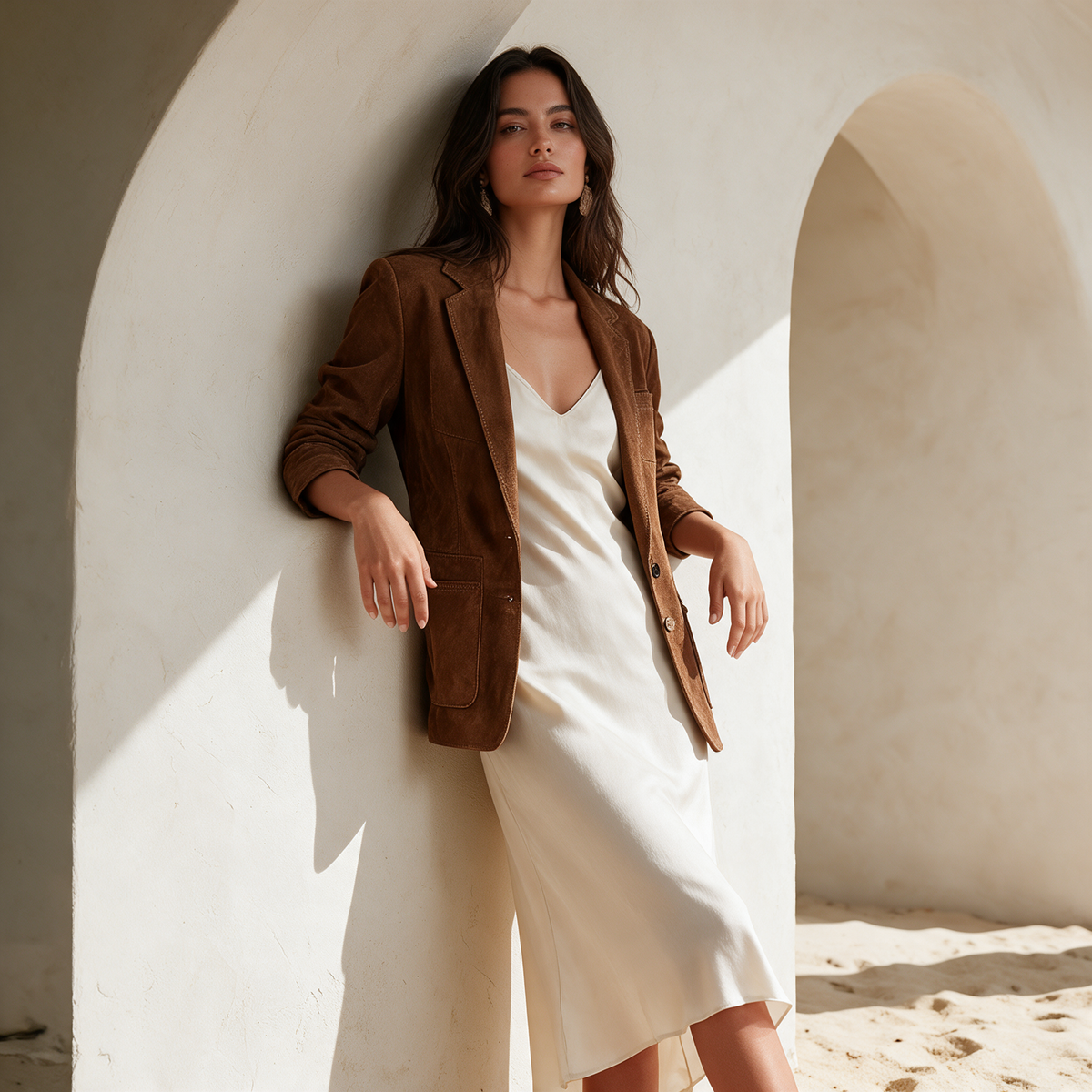 Brown suede button-down blazer worn over ivory slip dress at cream plaster archway