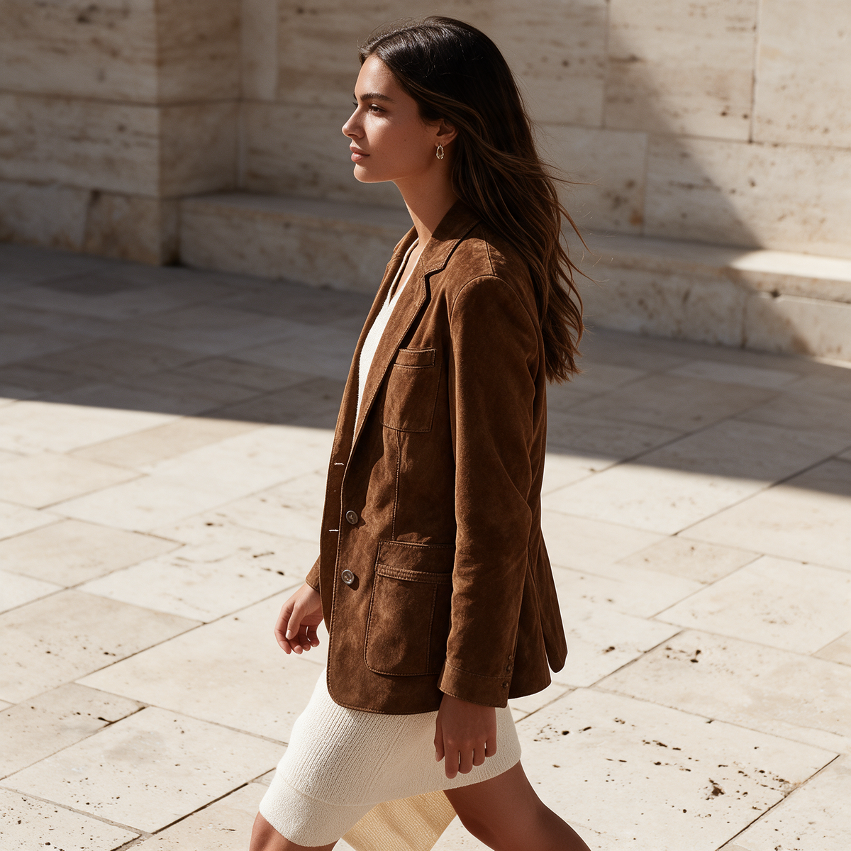 Brown suede button-down blazer buttoned over cream knit dress walking travertine plaza