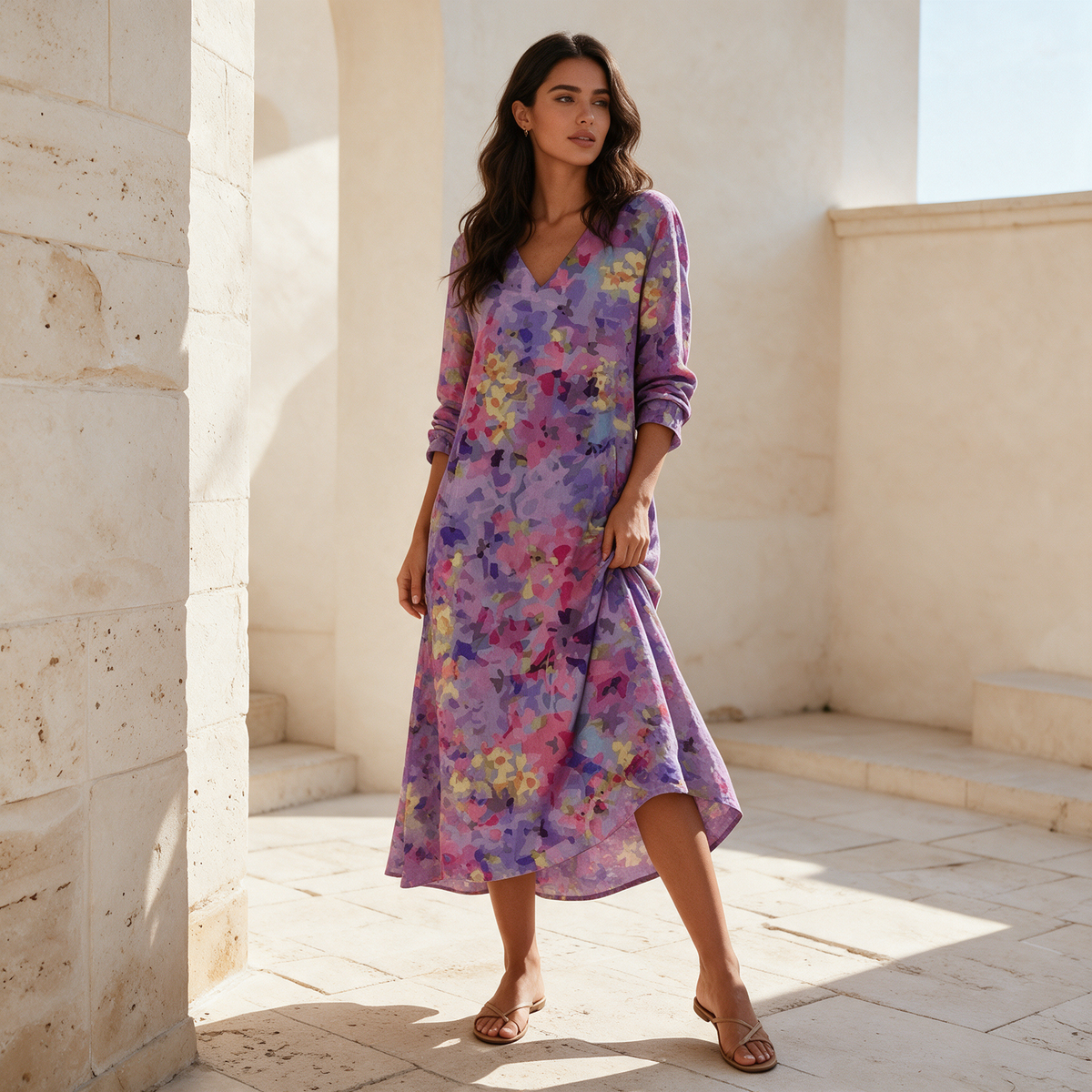 Purple floral V-neck long sleeve midi dress worn in sunlit cream stone courtyard