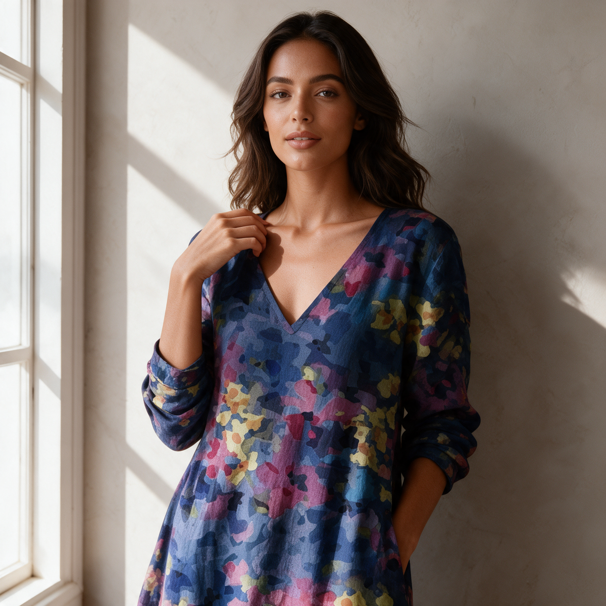 Dark navy floral midi dress V-neckline and long sleeve detail beside sunlit window