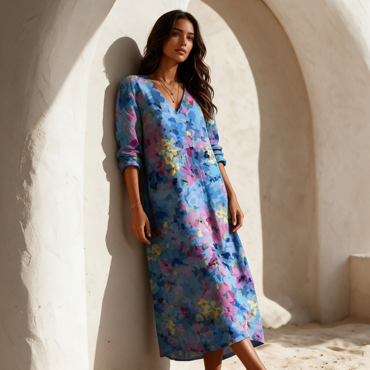Blue floral V-neck long sleeve midi dress at cream plaster archway