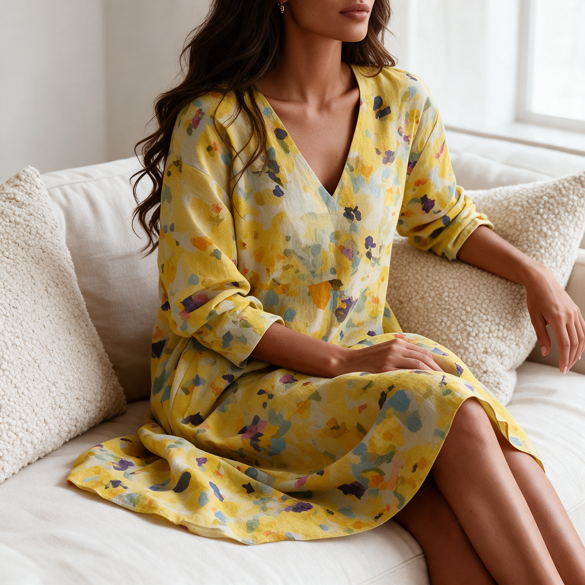 Yellow floral V-neck long sleeve midi dress seated on cream linen sofa