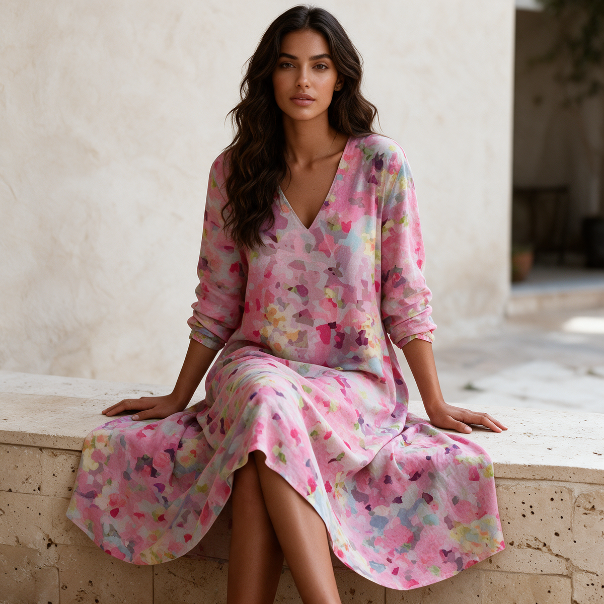 Pink floral V-neck long sleeve midi dress seated on low travertine ledge