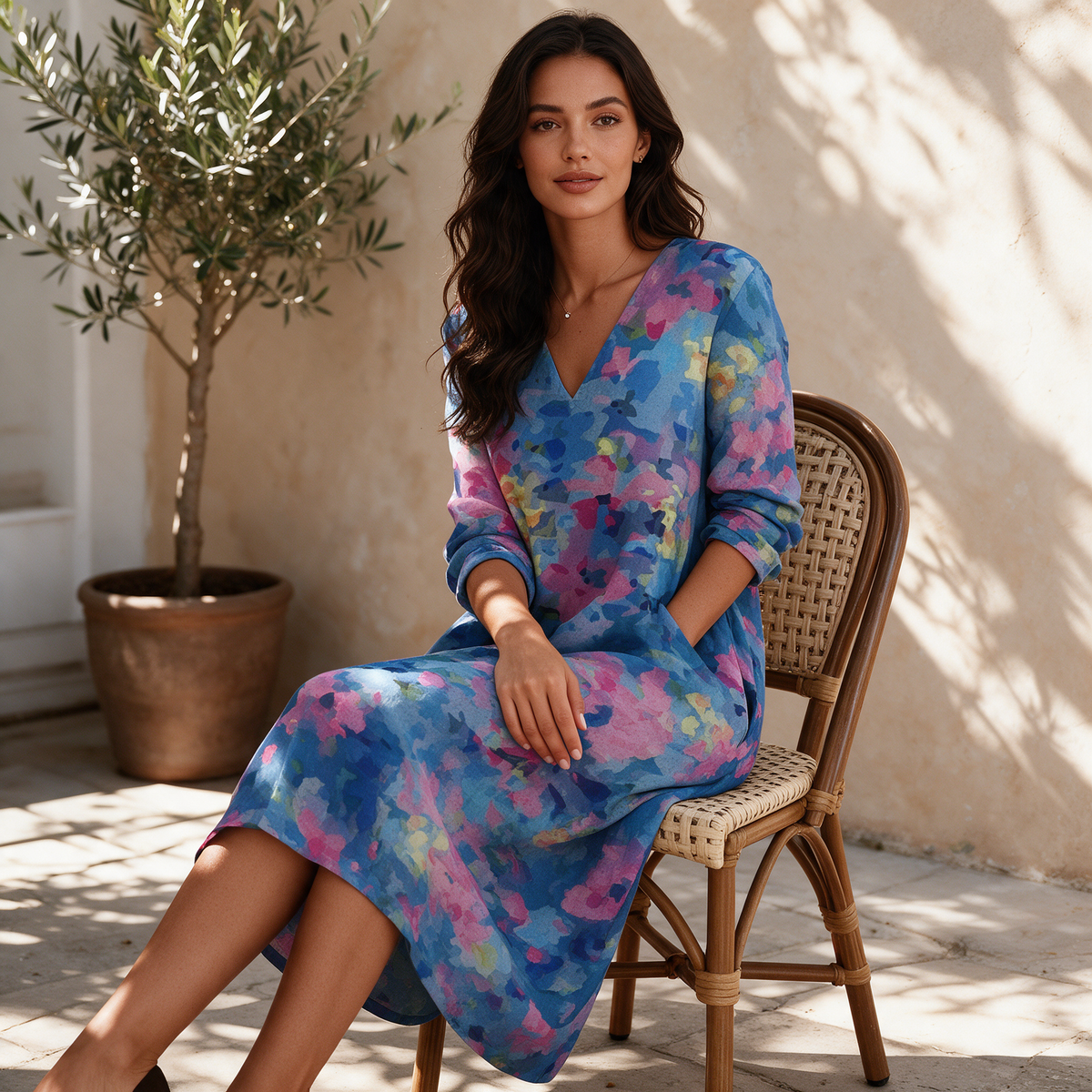 Blue floral V-neck long sleeve midi dress seated on wooden cafe chair on sunlit patio