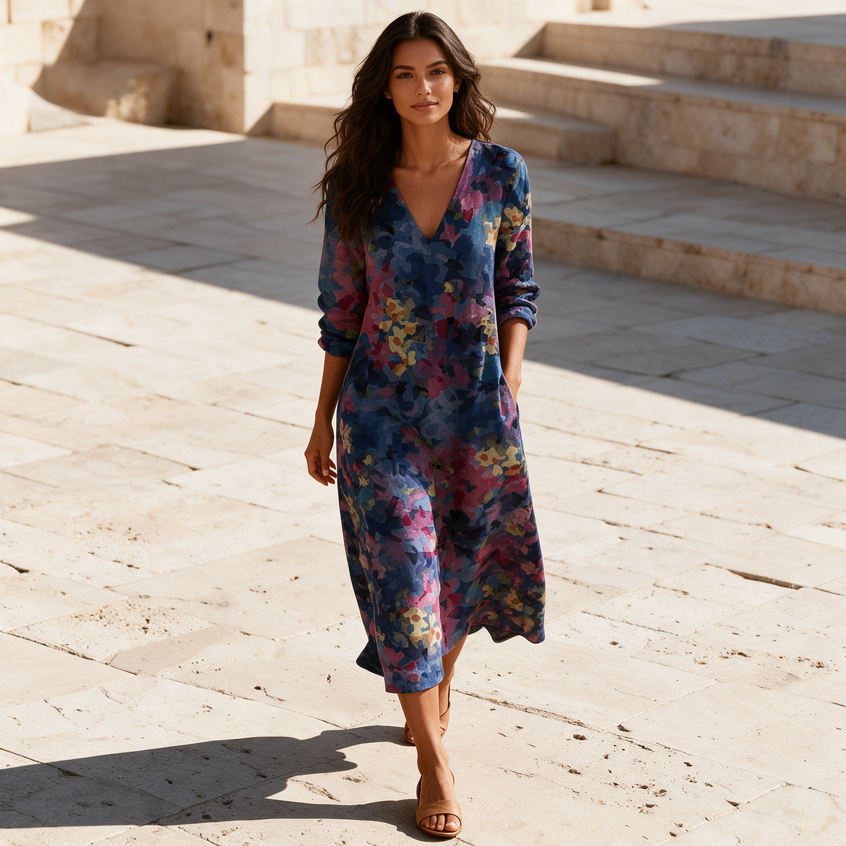 Dark navy floral V-neck long sleeve midi dress walking across sunlit travertine plaza