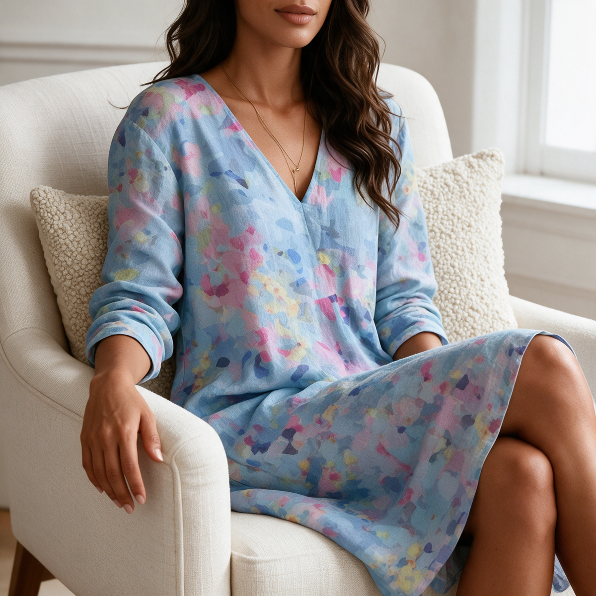 Light blue floral V-neck long sleeve midi dress seated in cream linen armchair