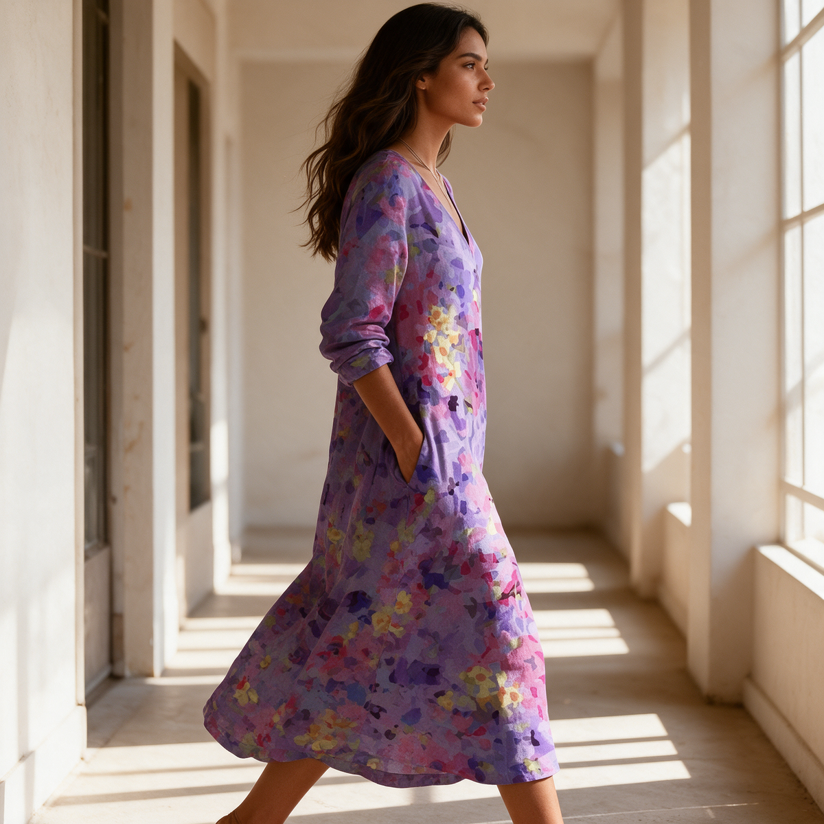 Purple floral V-neck long sleeve midi dress in motion walking sunlit corridor