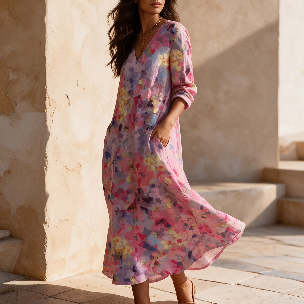 Pink floral V-neck long sleeve midi dress turning on warm stone terrace