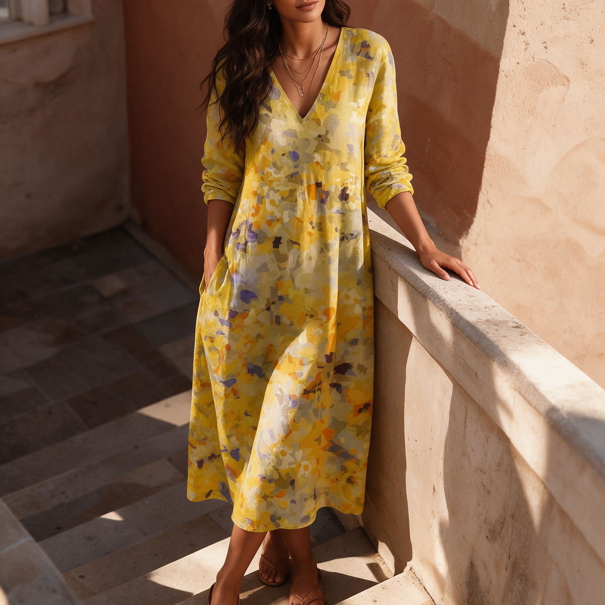 Yellow floral V-neck long sleeve midi dress on sunlit exterior stone staircase