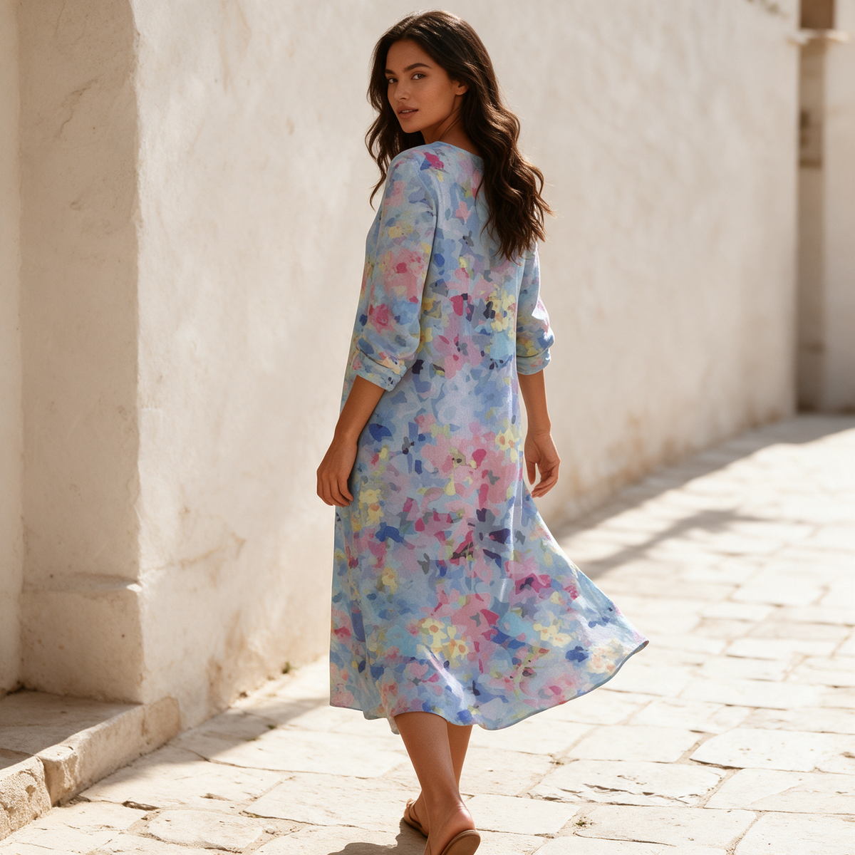 Light blue floral V-neck long sleeve midi dress on sunlit stone path looking back
