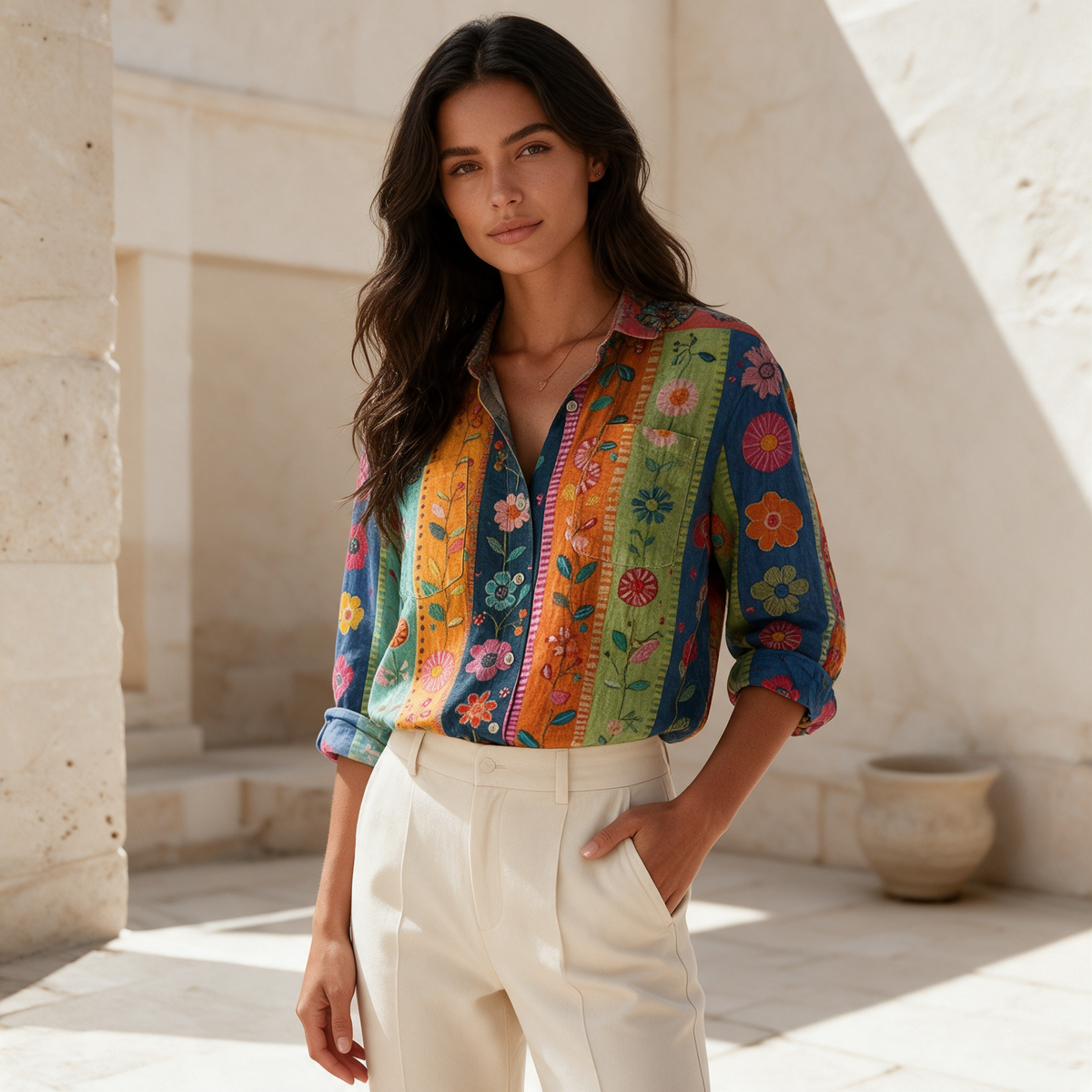 Floral button-down shirt colourway 1 tucked into cream trousers in sunlit stone courtyard