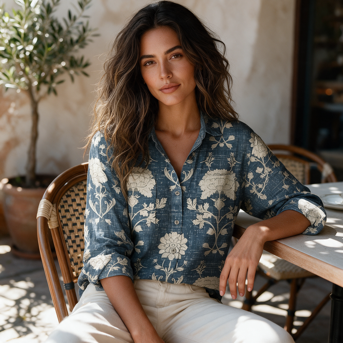 Floral button-down shirt colourway 3 seated on wooden cafe chair on sunlit stone patio
