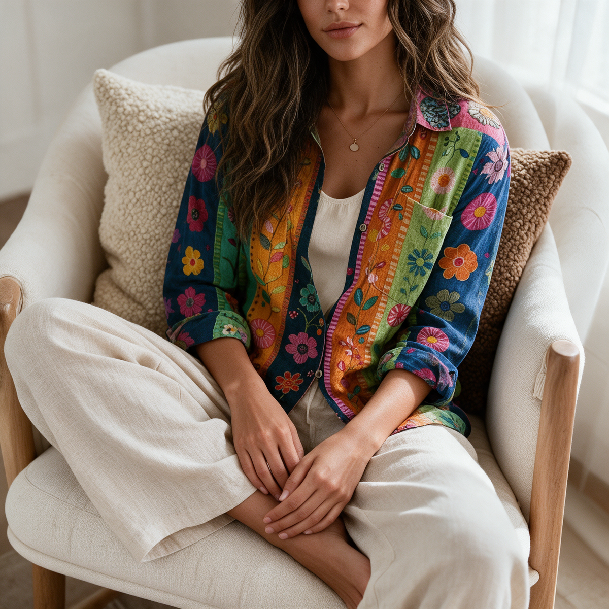 Floral button-down shirt colourway 1 collar and print detail seated in cream linen armchair