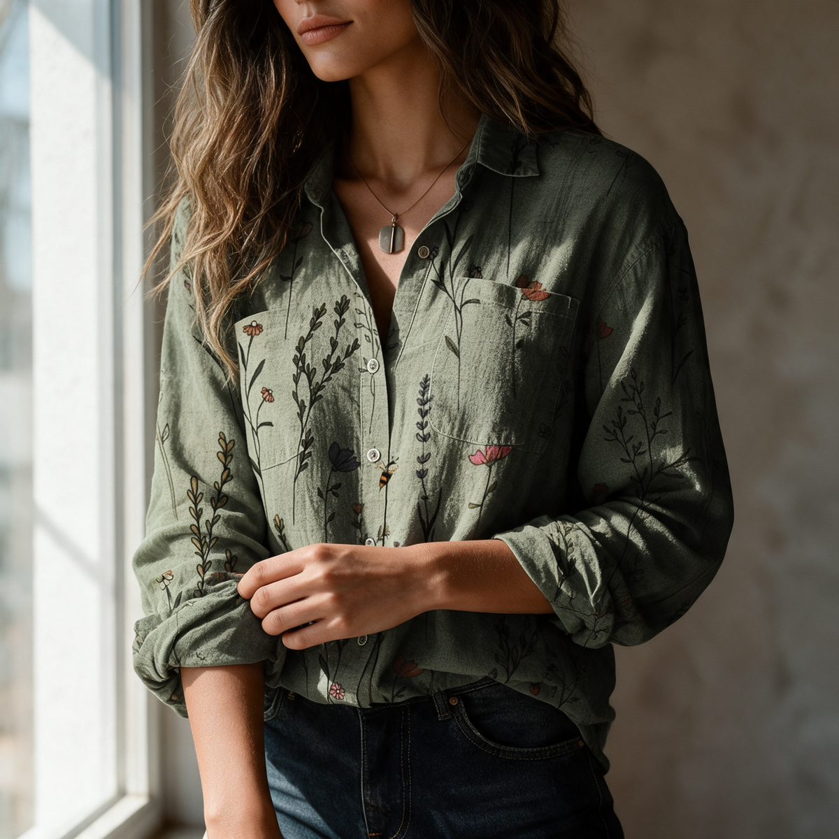 Floral button-down shirt colourway 4 sleeve placket and print detail beside sunlit window