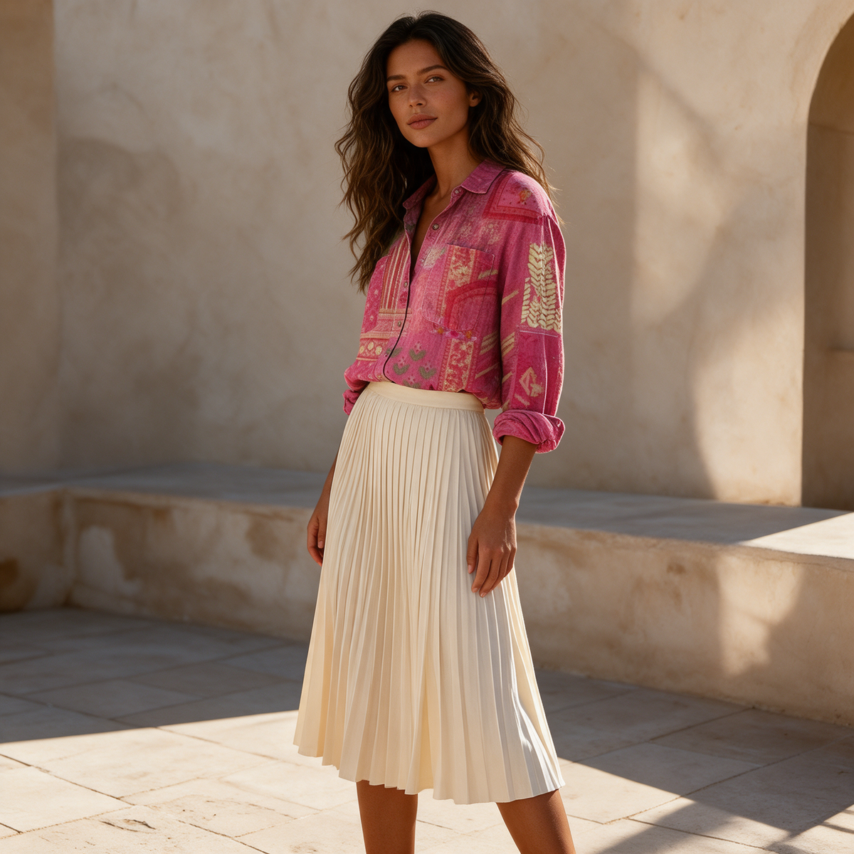 Floral button-down shirt colourway 5 tucked into cream pleated midi skirt on stone terrace