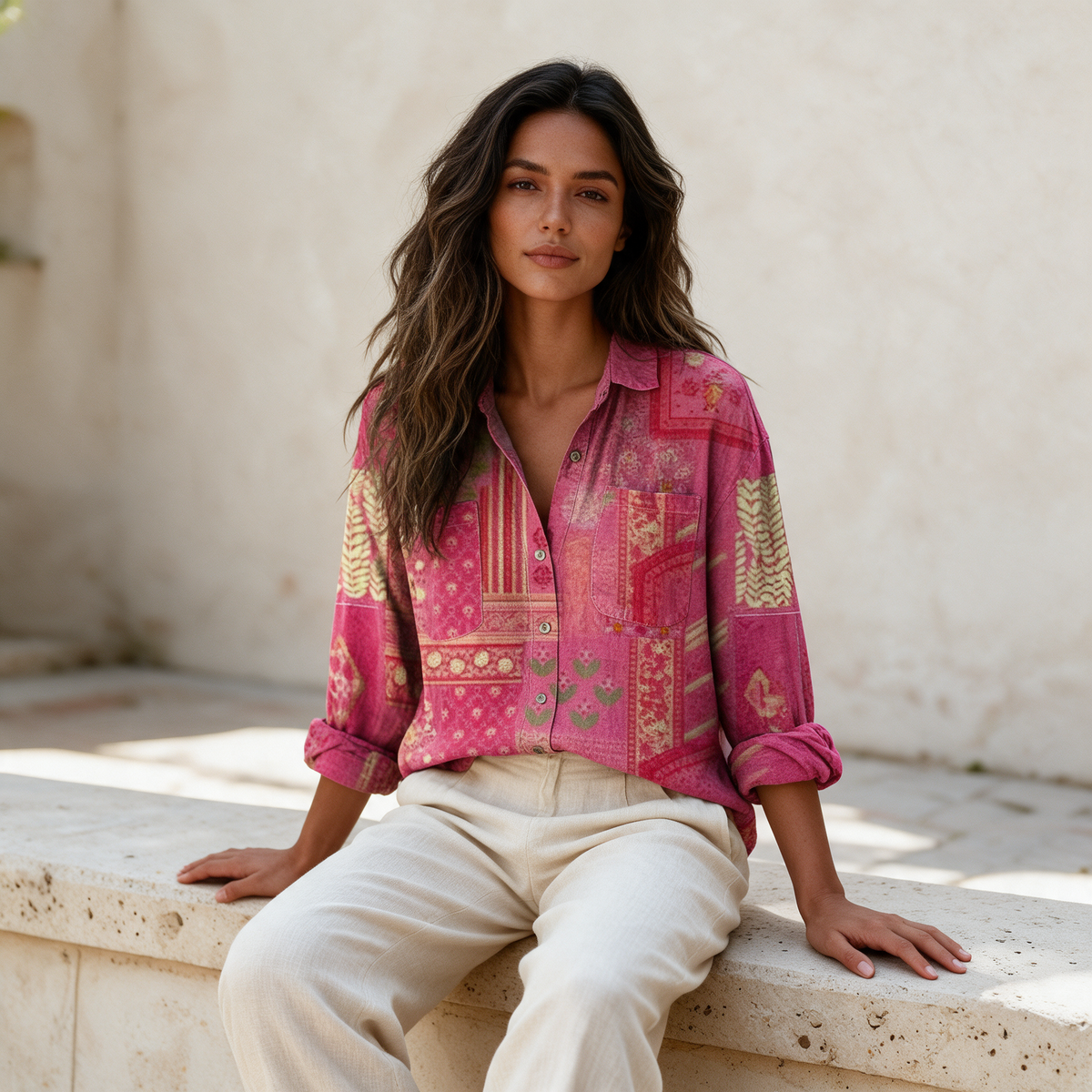 Floral button-down shirt colourway 5 with cream linen trousers seated on travertine ledge
