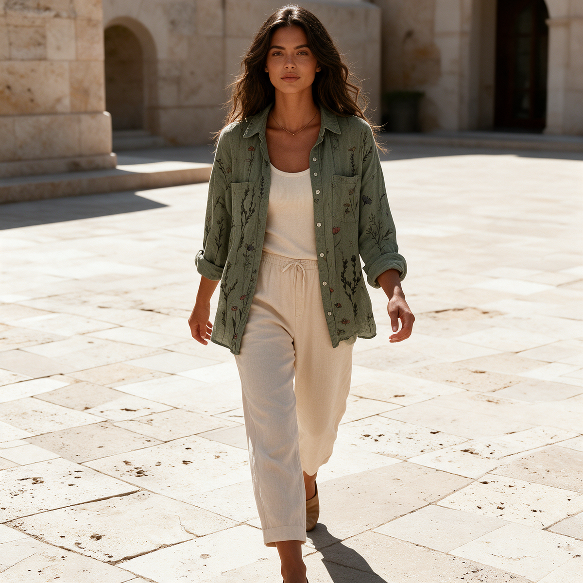 Floral button-down shirt colourway 4 worn open over cream tank walking travertine plaza