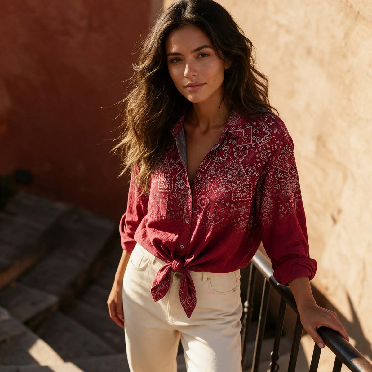 Floral button-down shirt colourway 2 knotted at waist on sunlit exterior stone staircase