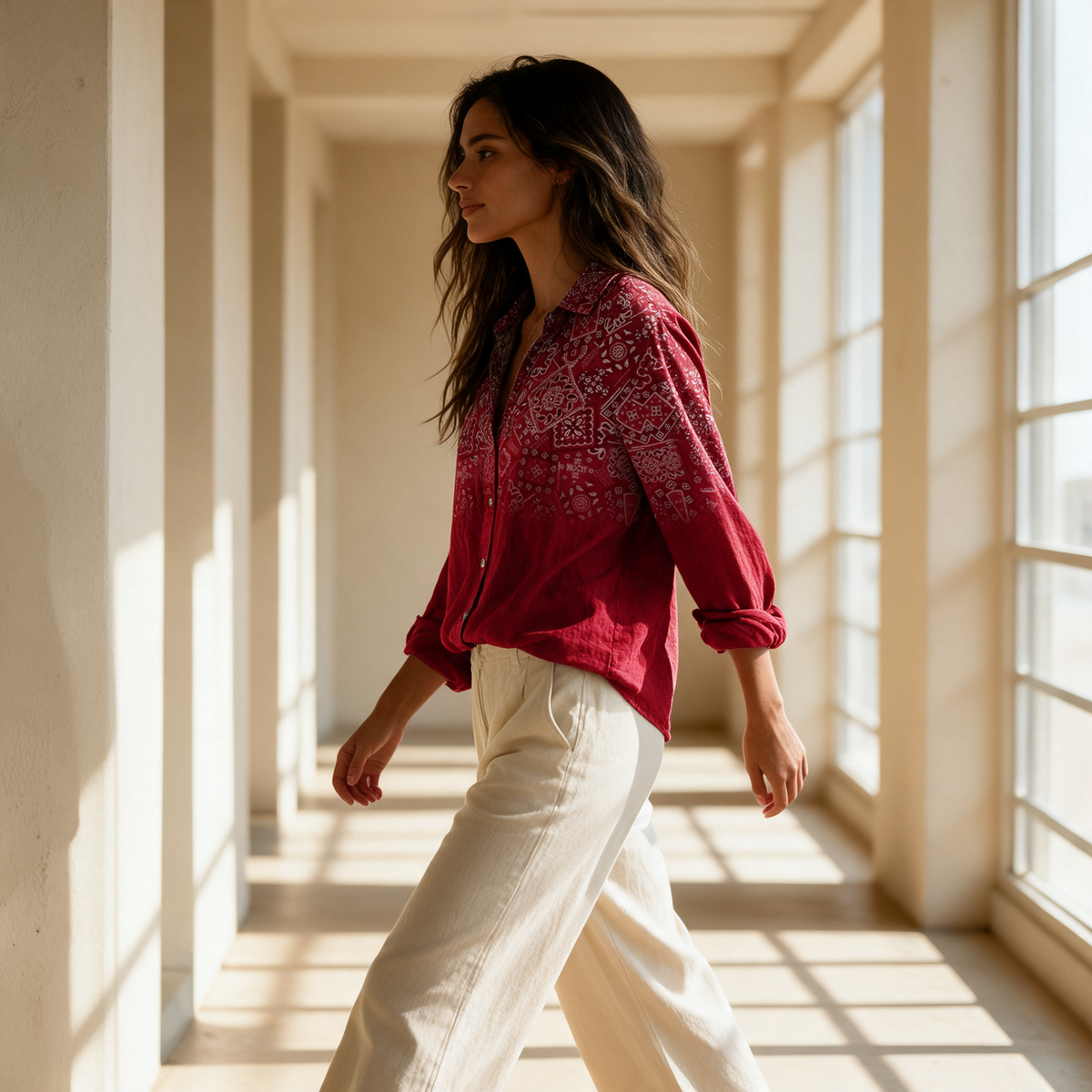 Floral button-down shirt colourway 2 with cream wide leg trousers walking sunlit corridor