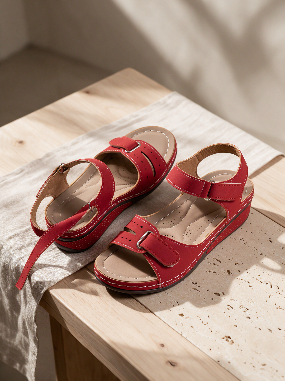 Giorgia wedge sandals resting on a wooden table