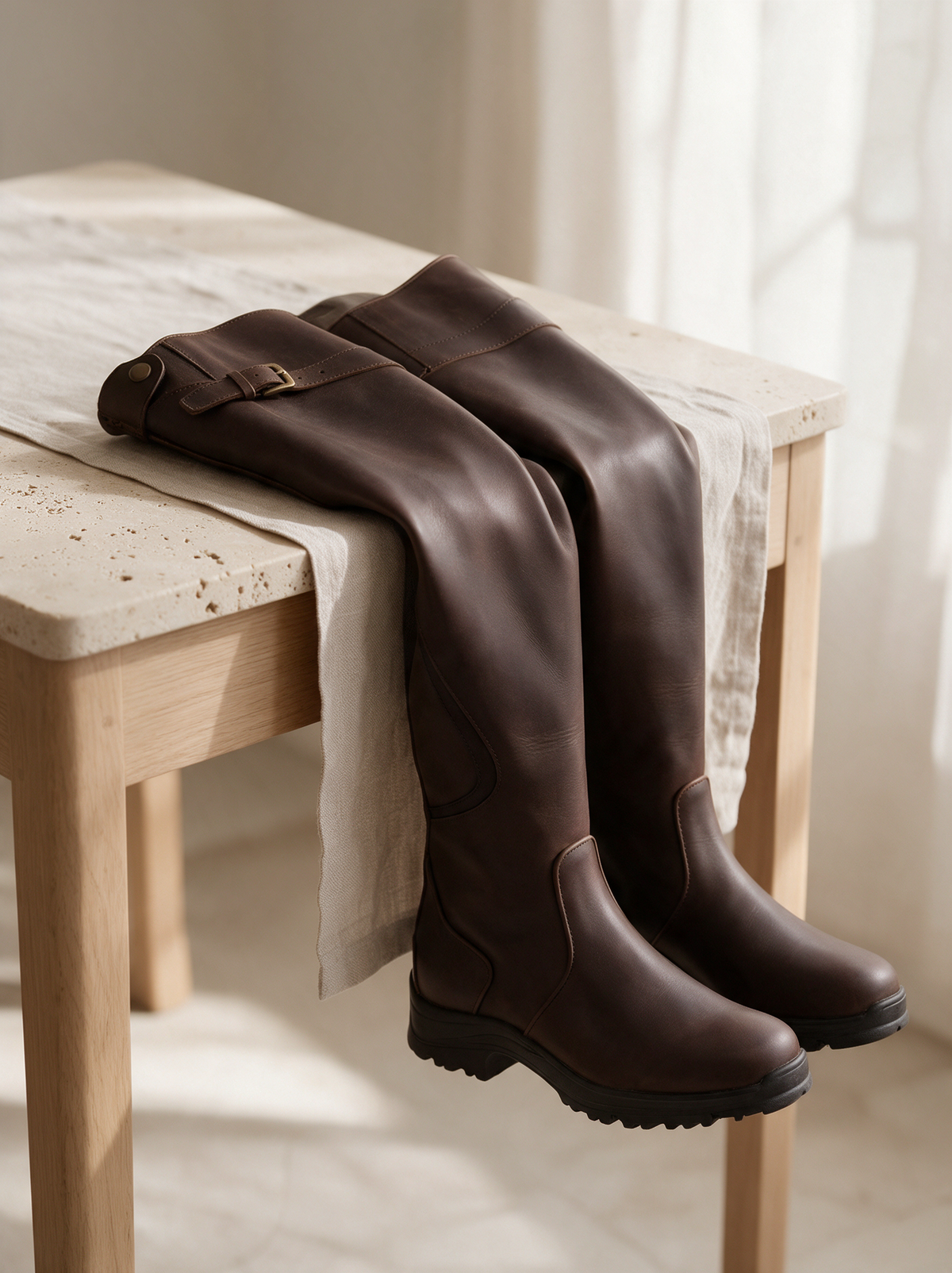 Cataleya riding boots slouched over a wooden table