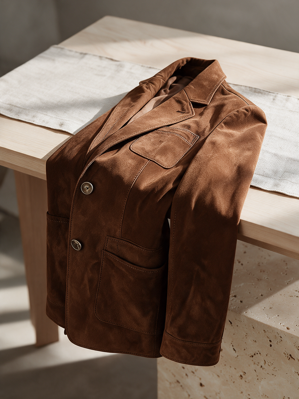Rachel suede blazer folded over a wooden table