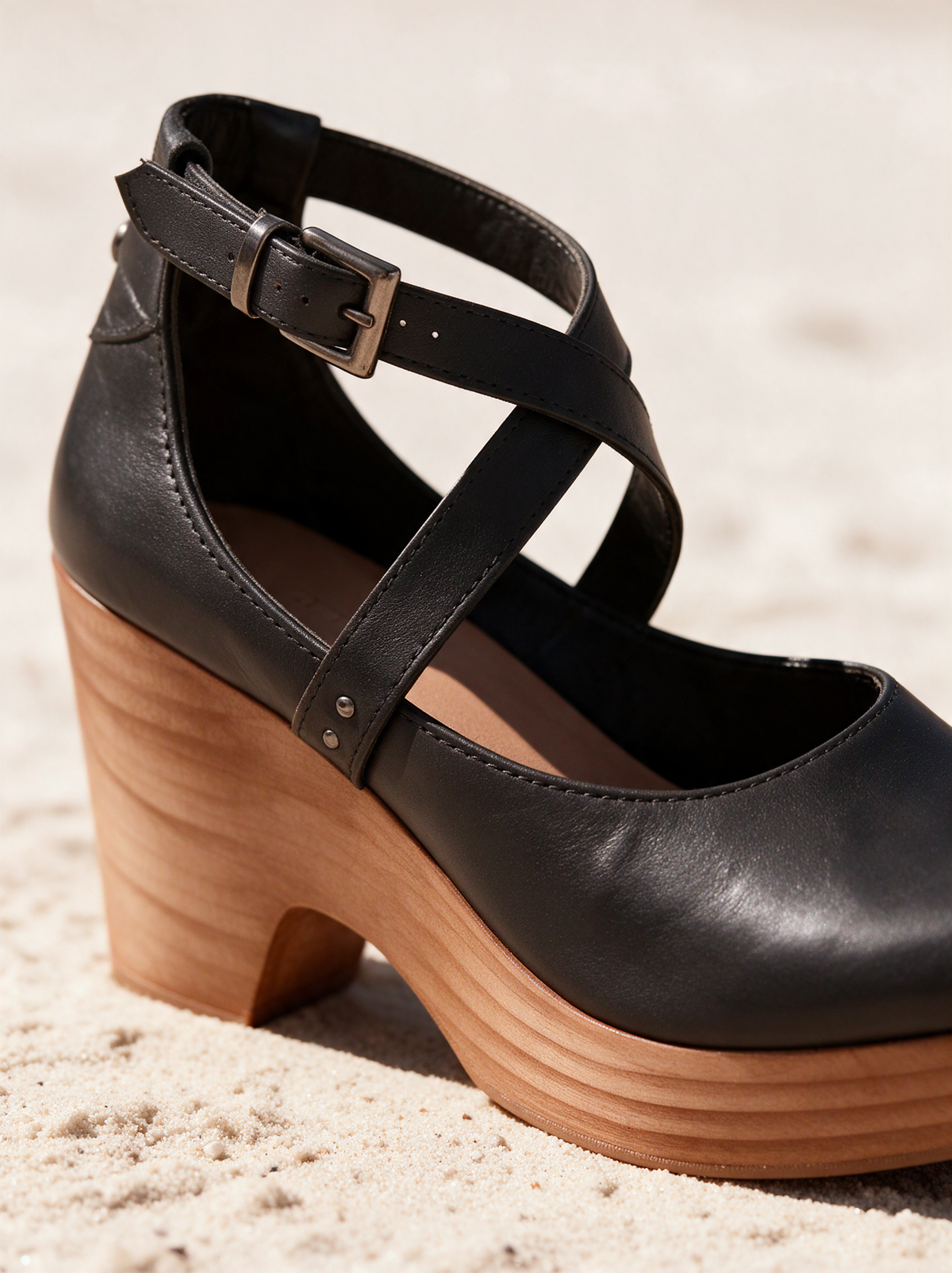 Teresa wedge heel ankle buckle and sole profile close up