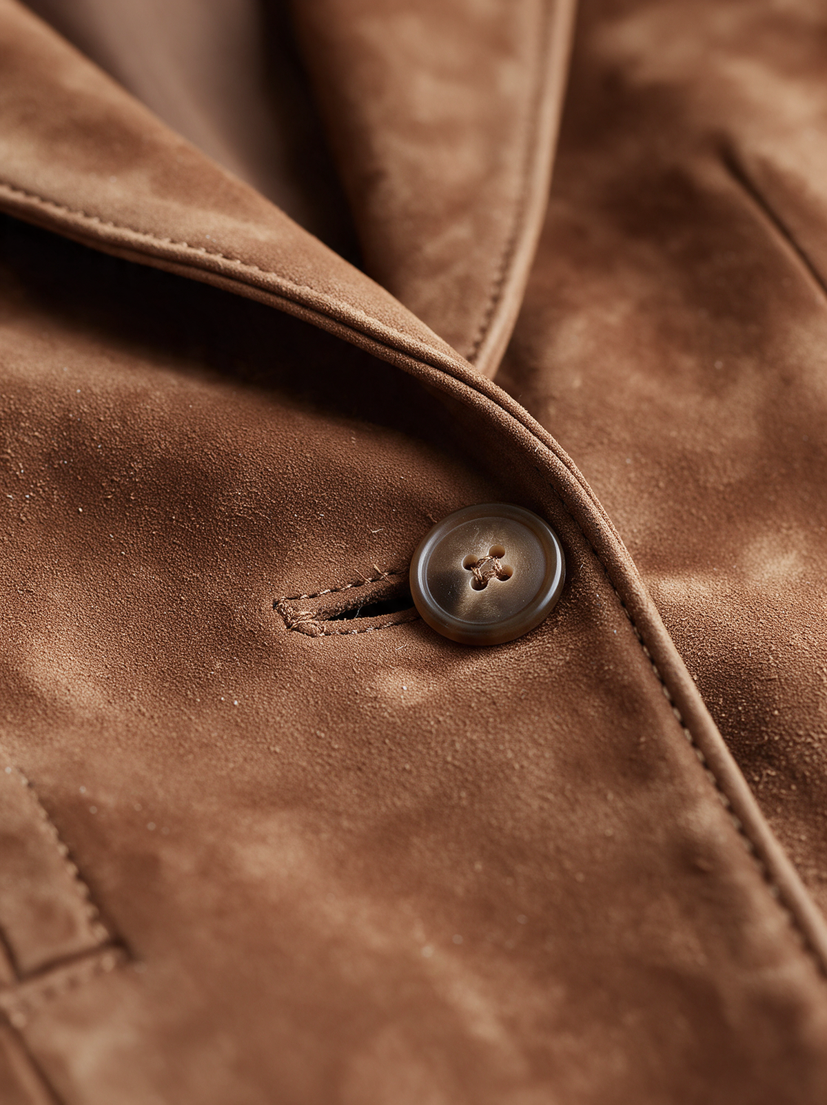 Rachel suede blazer button and lapel close up