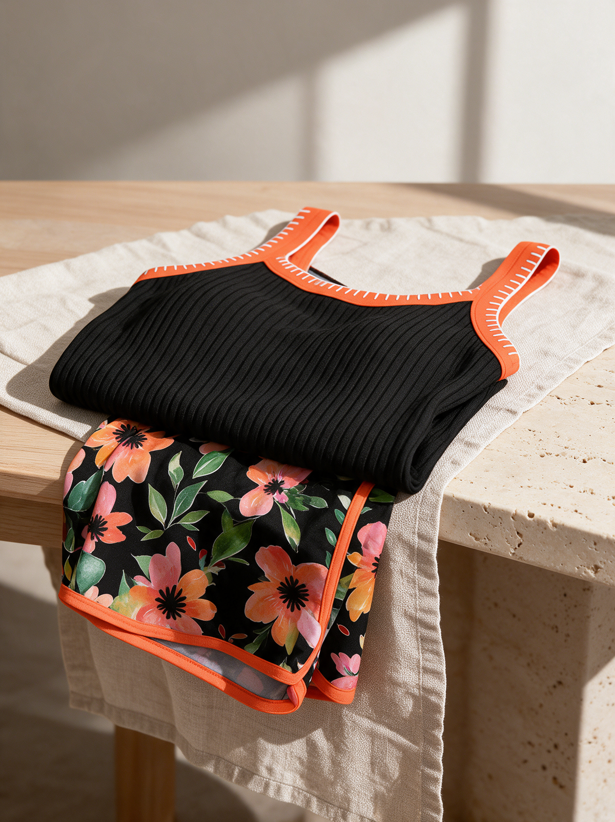 Anastasia tankini set folded over a wooden table