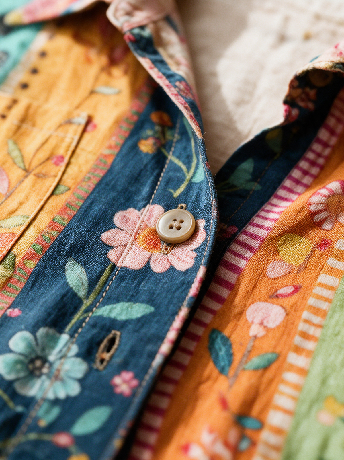 Kalina floral shirt button placket and collar close up