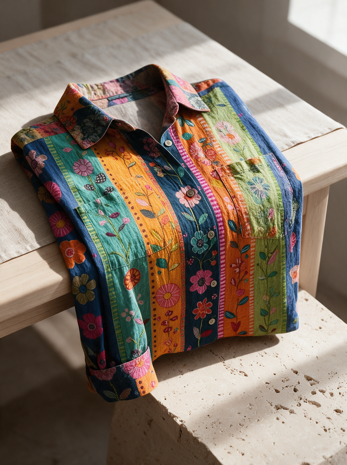 Kalina floral button down shirt folded over a wooden table