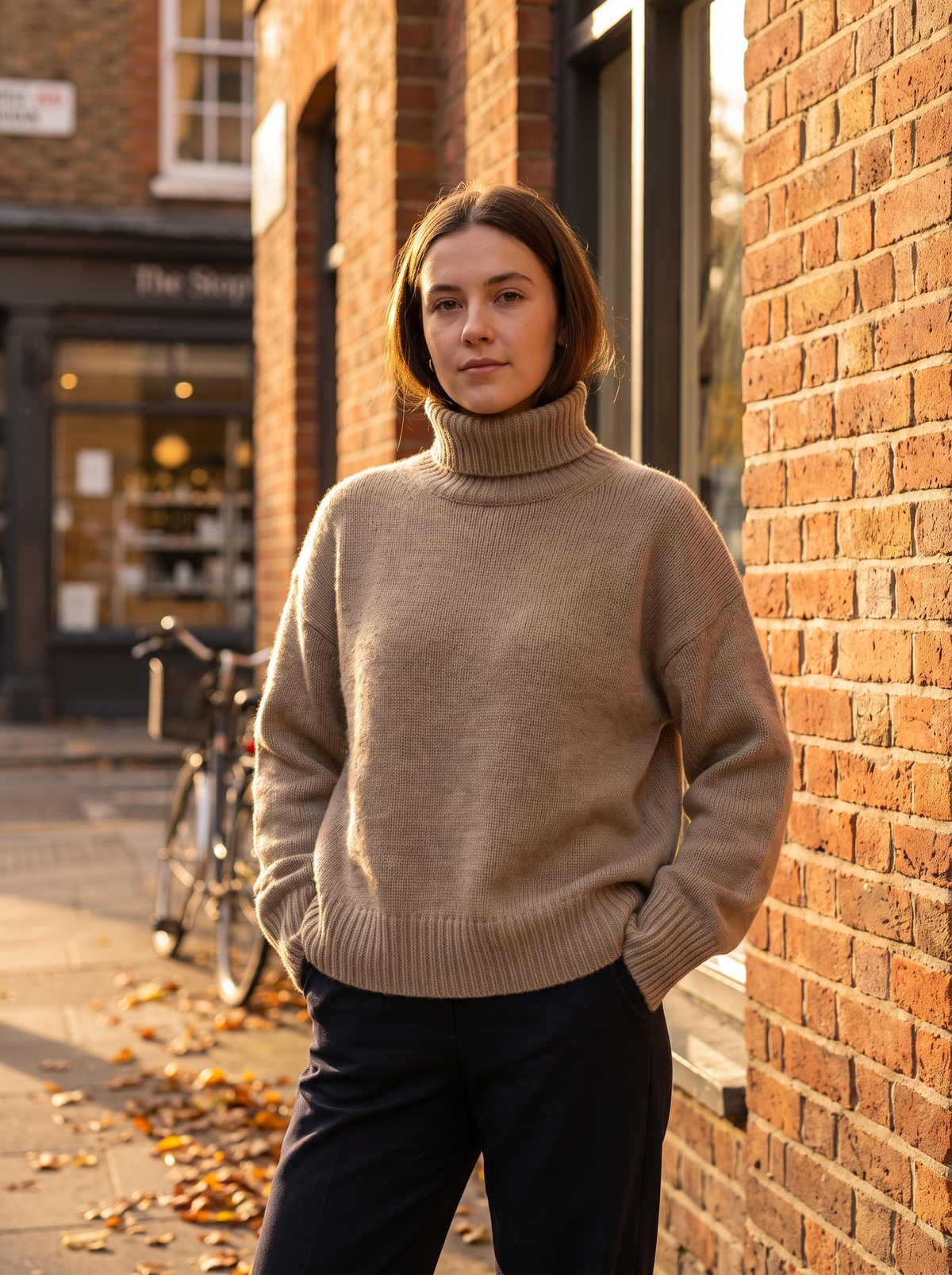 Cosima khaki cashmere roll neck sweater worn against a brick city facade at golden hour
