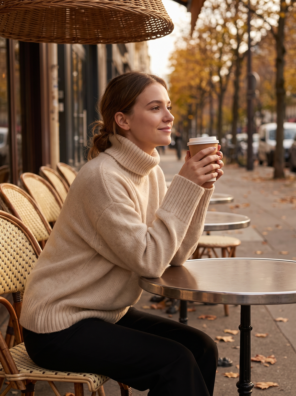 Cosima beige cashmere roll neck sweater worn at an outdoor city cafe in autumn light