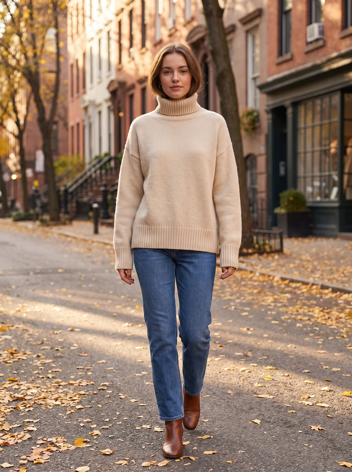 Woman wearing the Cosima beige cashmere roll neck sweater walking down a tree-lined city street in autumn