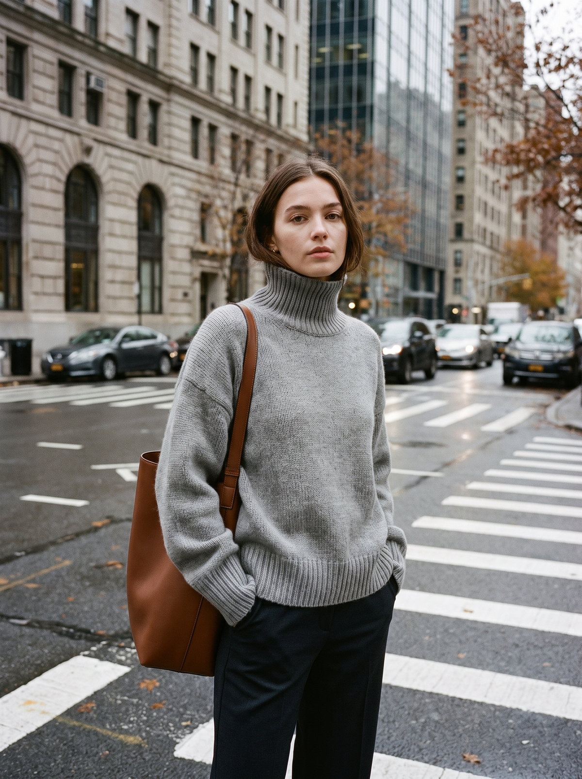 Cosima grey cashmere roll neck sweater worn with tailored trousers at a city crosswalk