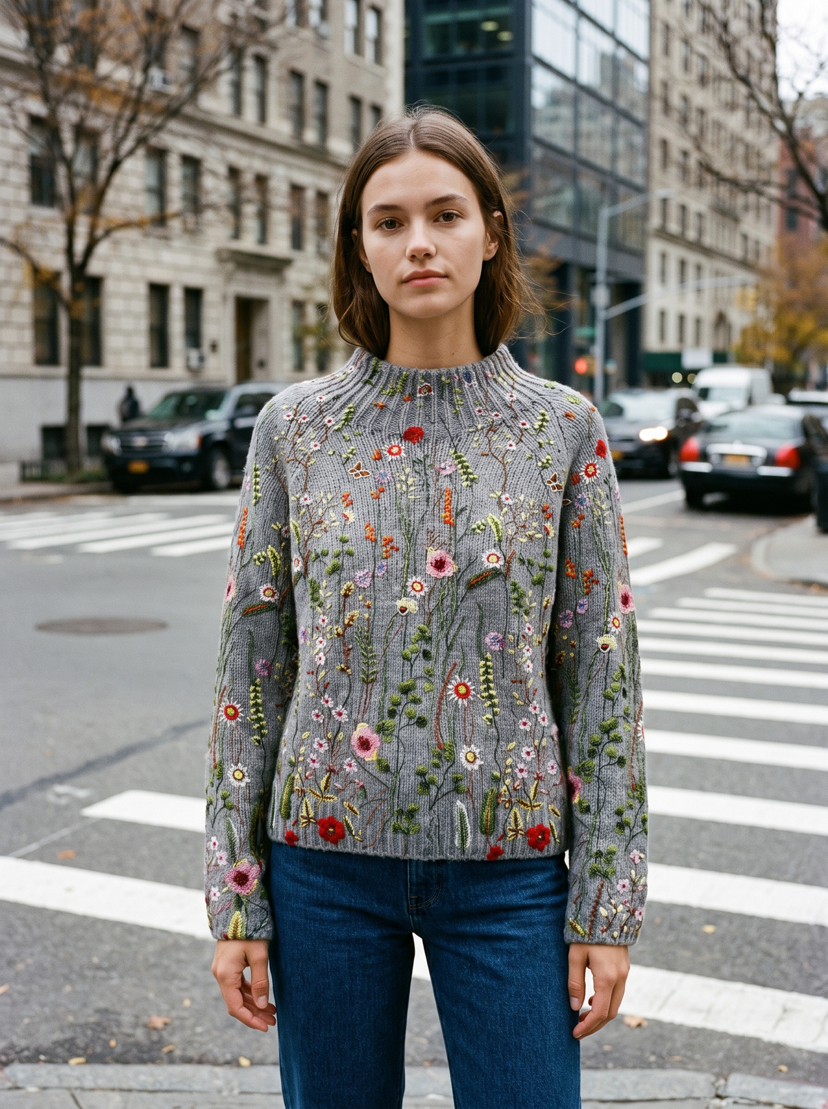 Fleurine floral print floral ribbed knit sweater worn by a model at a city crosswalk in autumn