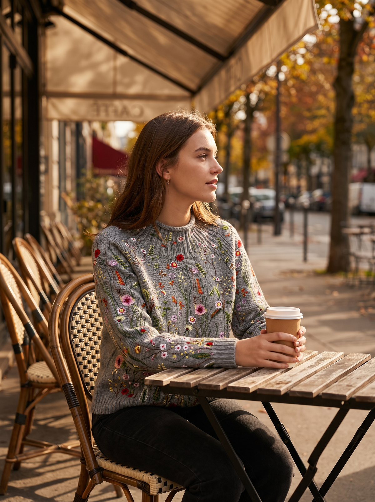 Fleurine floral print floral ribbed knit sweater worn by a model at an outdoor city cafe in autumn