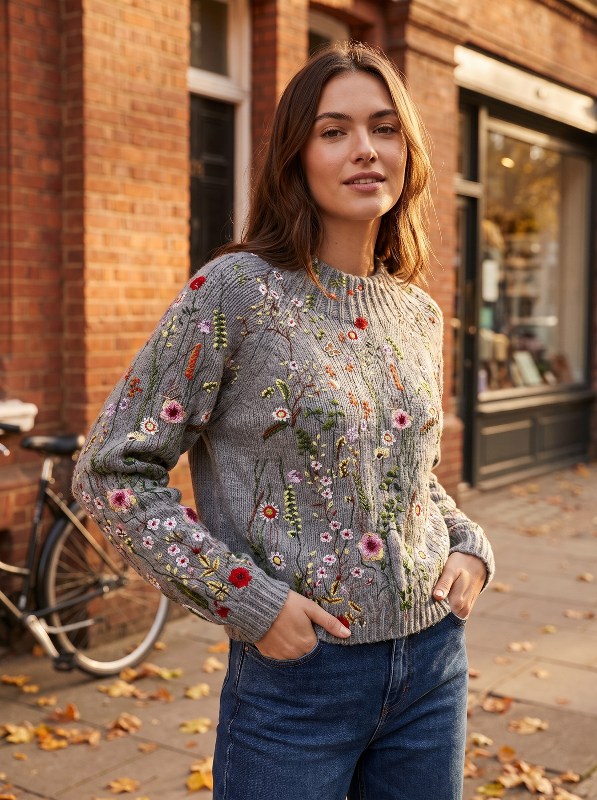 Fleurine floral print floral ribbed knit sweater worn by a model against a brick city facade in autumn
