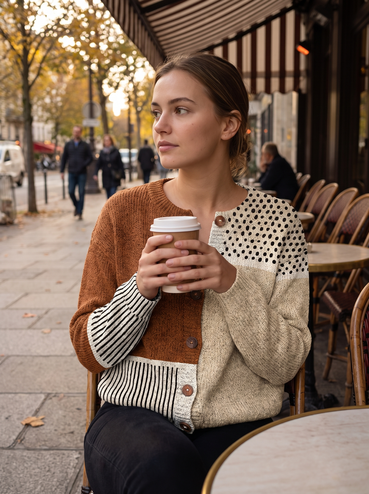 Ninette polka dot polka dot cardigan worn by a model at an outdoor city cafe in autumn