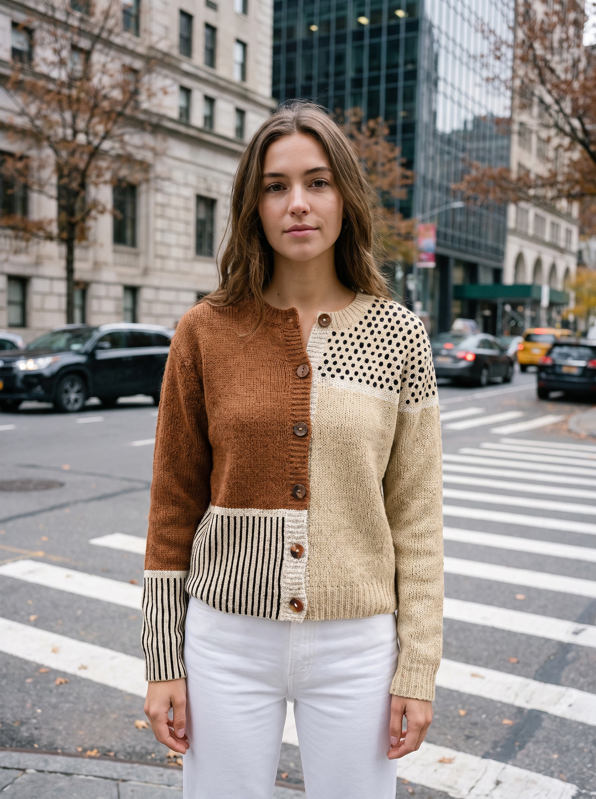 Ninette polka dot polka dot cardigan worn by a model at a city crosswalk in autumn