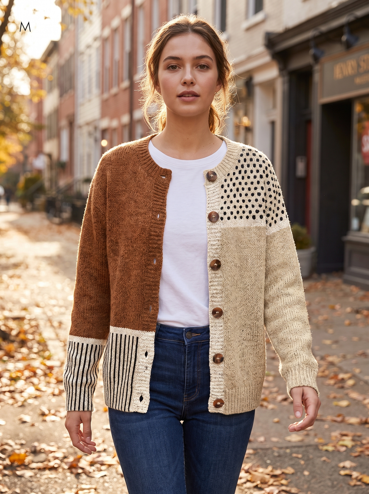 Ninette polka dot polka dot cardigan worn by a model walking a leafy city street in autumn