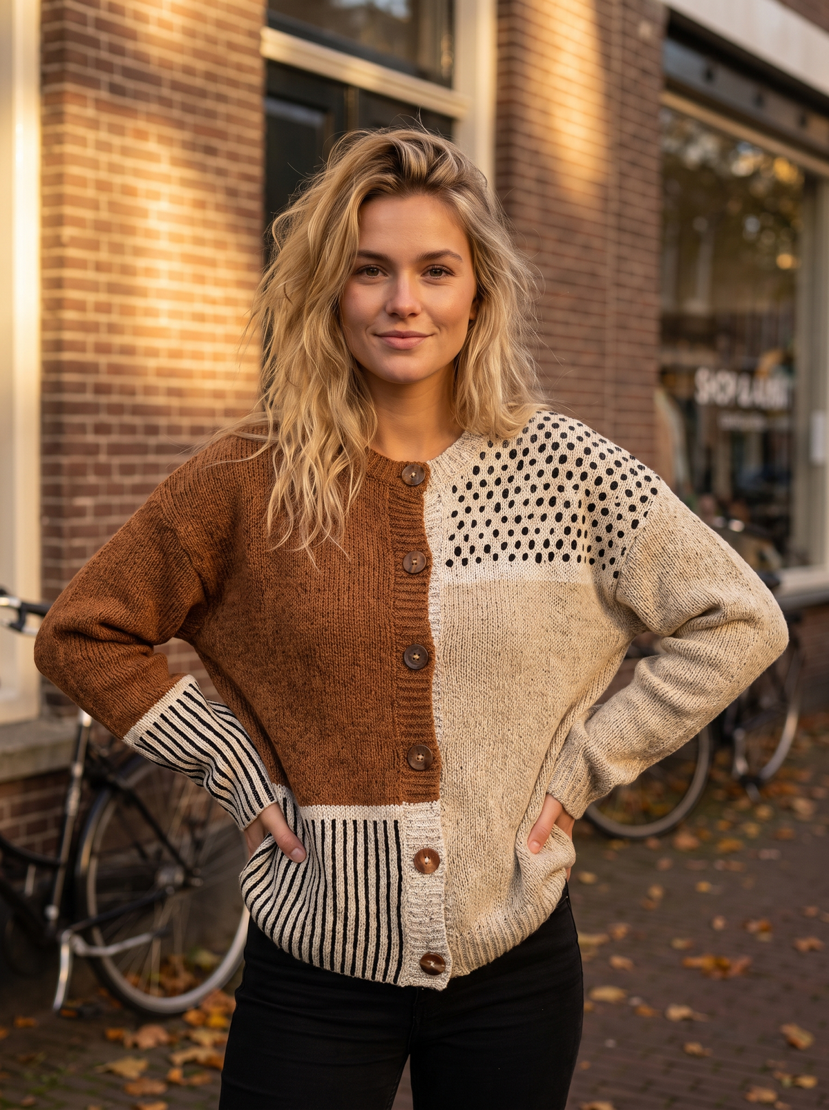 Ninette polka dot polka dot cardigan worn by a model against a brick city facade in autumn