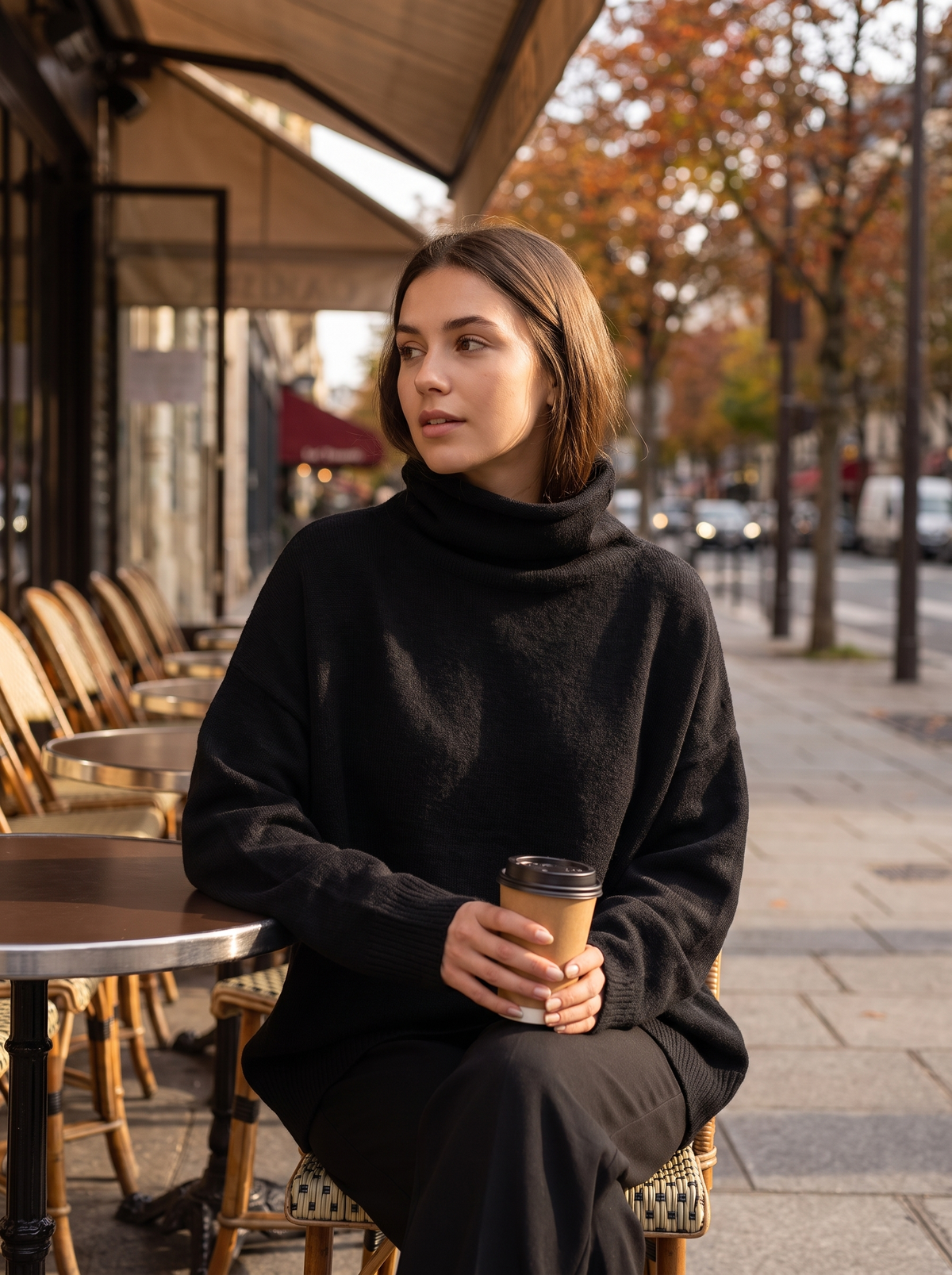 Hesper black oversized roll neck knit top worn by a model at an outdoor city cafe in autumn